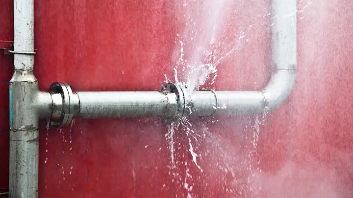 Cano de metal vazando água na frente de uma parede vermelha